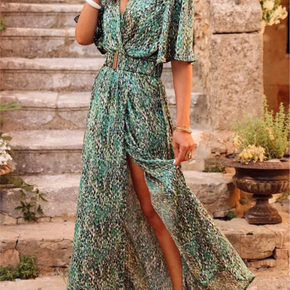 Robe longue de soirée pour femmes, Sexy, imprimé, Slim, fente, manches courtes, col en V, Style Boho, tenue de plage, été, 2023