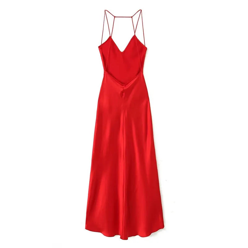 TRAF Red Women Dresses 2024 Sexy Backless Slip Dress Women Clothing Satin Sleeveless Dress Straps Long Party Dresses Ladies Robe