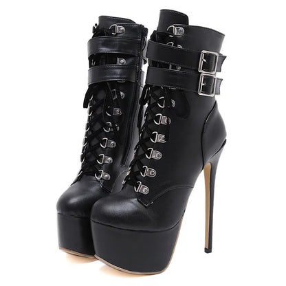 Women Autumn Ankle Boots Sexy High Heels Platform Boots Round Toe Leather Booties Black Shoes Ladies Party Shoes New