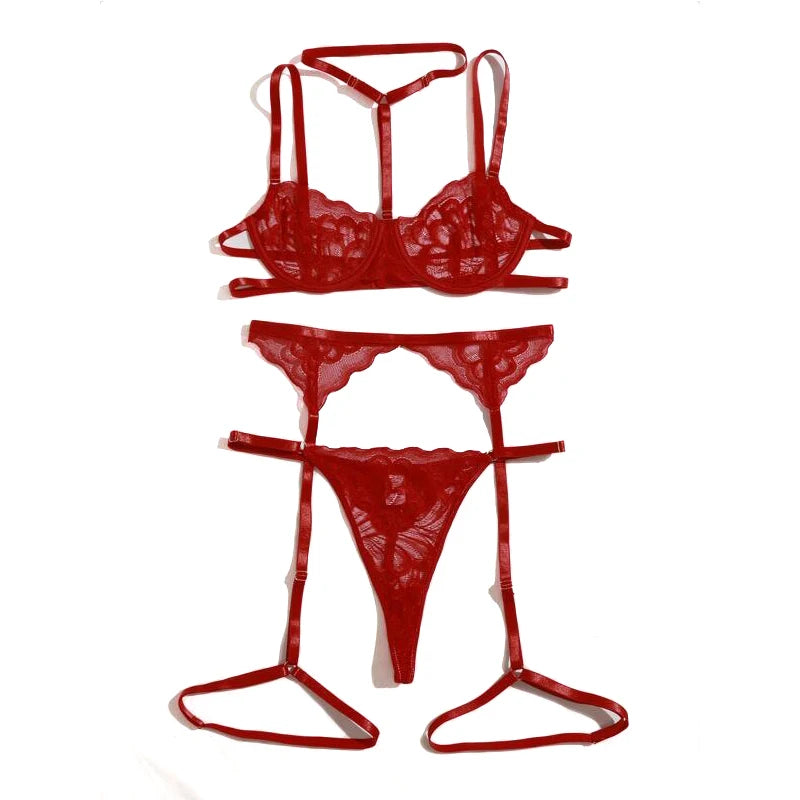 Women Lingerie Set 3-Pieces Transparent Lace bra Panties Set with Sexy Garter Belt Push Up Bralette Panty Erotic Underwear Suit