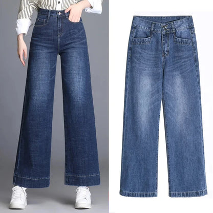 Oversize 34 กางเกงยีนส์ผู้หญิงกางเกงขากว้างเอวสูงล้าง High Street Vaqueros ข้อเท้าความยาว Office Lady Denim กางเกง