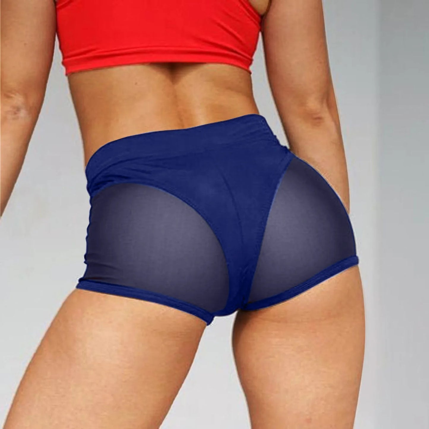 Women Sexy High Waist Workout Fitness Shorts Female Dance Shorts See-through Mesh Patchwork Mature Pole Dancing Clubwear Panties