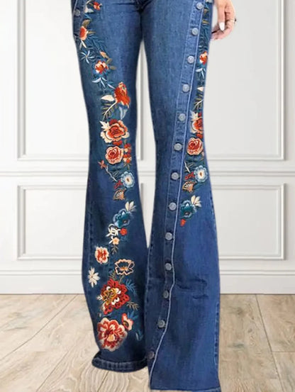 Women Fashion Plain Button Decor Flare Leg Long Denim Pants Floral Embroidery Ladies High Waist Skinny Bottom Wide Leg Jeans