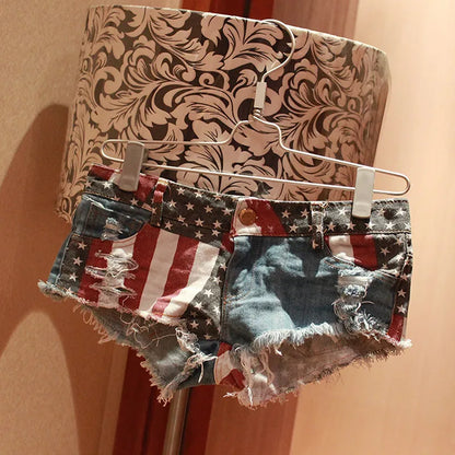 Summer Women Sexy Low Waist Rise Hot Pants American Flag Print Ripped Denim Shorts Jeans Fashion Mini Beach Clubwear Booty