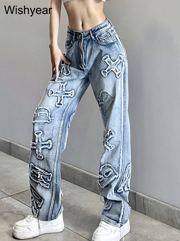 Jean taille haute déchiré avec lettres pour femme, pantalon droit, Baggy en Denim, mode printemps dames Y2K, Streetwear, vente en gros, hiver