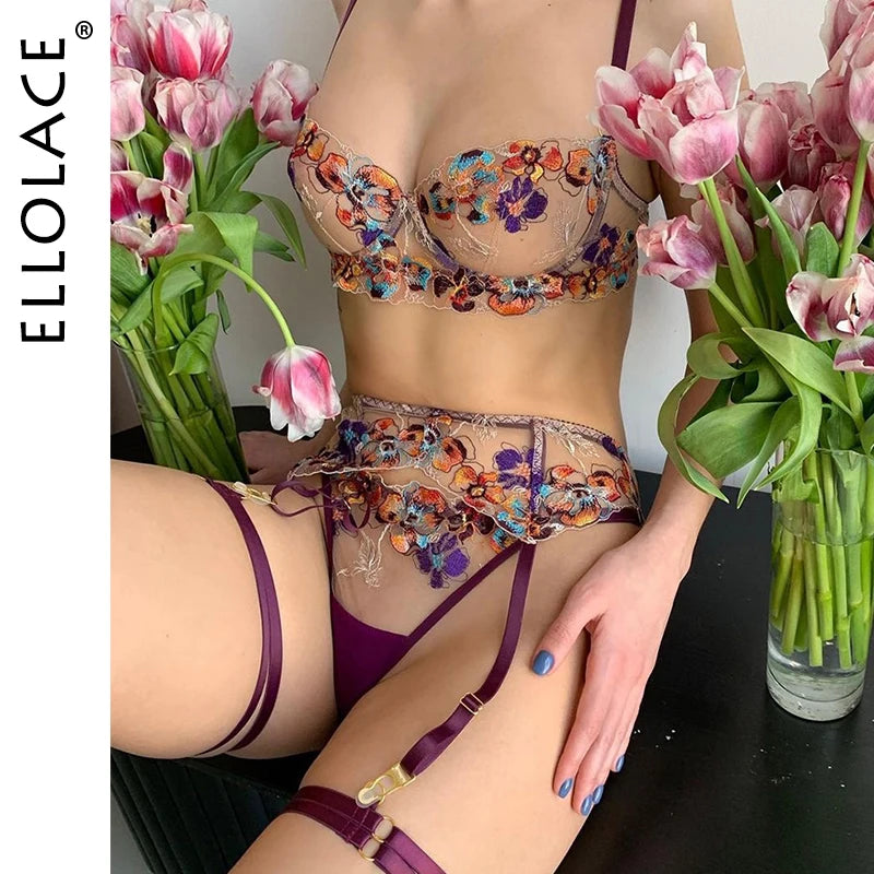 Ellolace Lingerie Sexy Transparent Porn Underwear Women Body Sexy 5-Piece Intimate Woman Pig Lace Floral Fancy Garter Belt Set