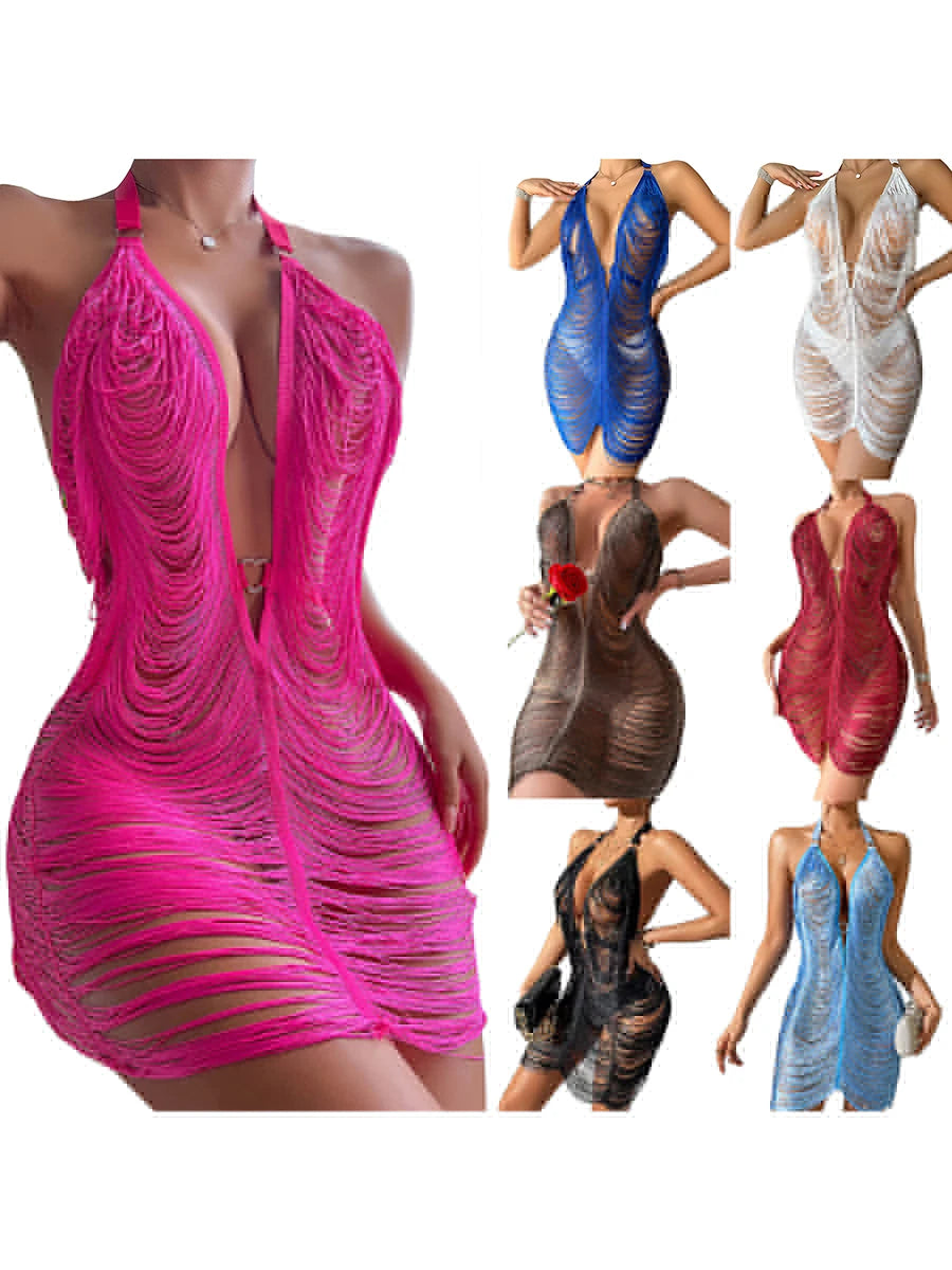 Sexy Open Back Line Short Dress for Women Summer Sexy Sleeveless Halter Backless Hollowed Sheer Mini Dress for Party Beach Club