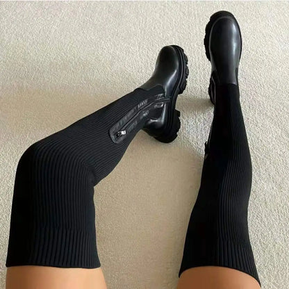 Bottes à semelle épaisse pour femmes, chaussettes tricotées respirantes, cuissardes hautes, extensibles à bout rond, grande taille 43, automne-hiver 2023