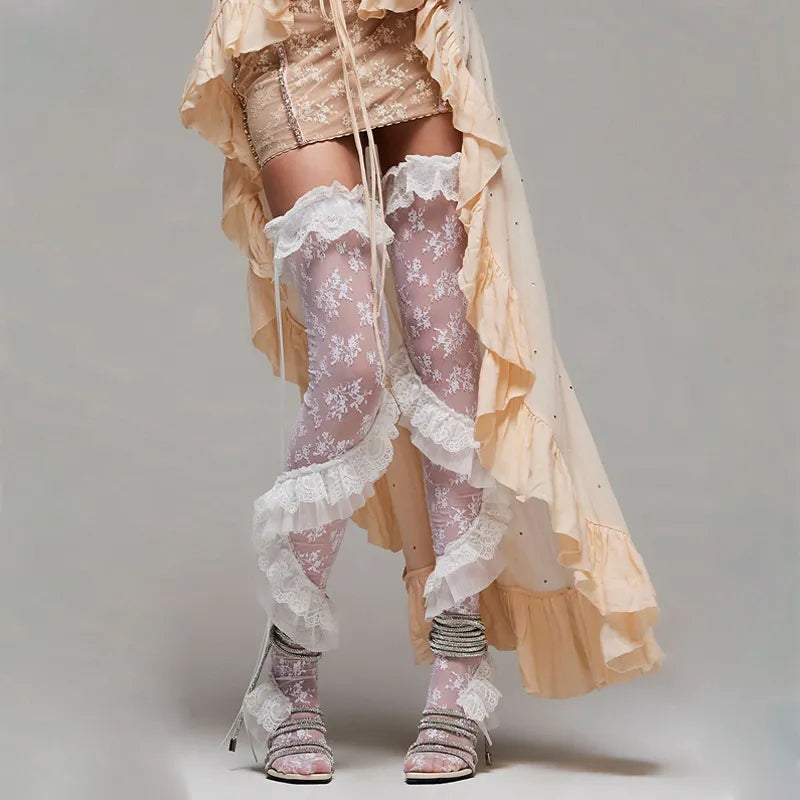 Summer Lace Thigh High Socks Sheer Ruffle Floral Stockings Socks Women Lady Girls Stockings