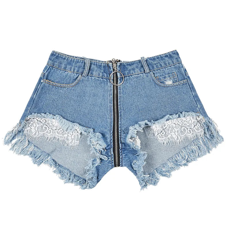 Fashion Women Sexy Low Waist Zipper Open Crotch Denim Shorts Lady Nightclub Hot Dance Mini Jeans Girl Casual Clothing Party Gift