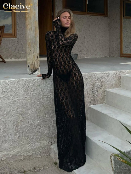 Clacive Sexy See Through Black Womens Dress Bodycon Turtleneck Long Sleeve Maxi Dress Female Fashion Slim Party Club Dresses