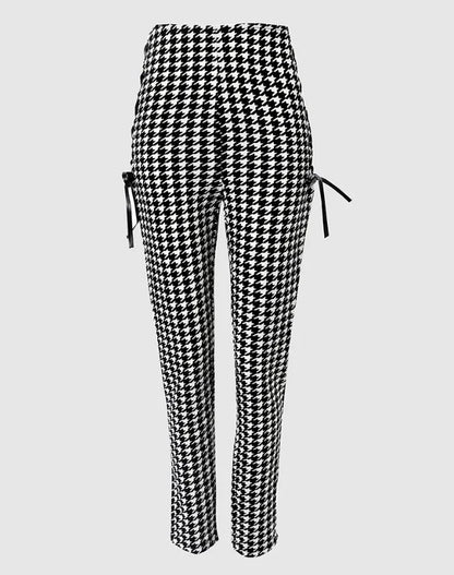 Houndstooth Print High Waist Eyelet Lace-up Skinny Pants