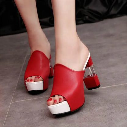 สุภาพสตรีหนังรองเท้าแตะผู้หญิงเซ็กซี่ส้นสูง Mules Clogs สีดำ Peep Toe แพลตฟอร์ม Mules Emal รองเท้าแตะ Shoes2022