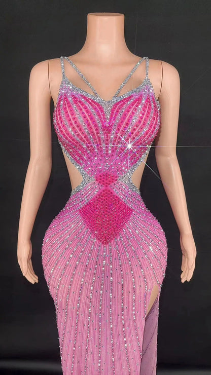 BacklessSparkly Sexy Women Rhinestone Sexy Dress Birthday Party Stage Performance WearSummer Evening Queen Outfit White Pink