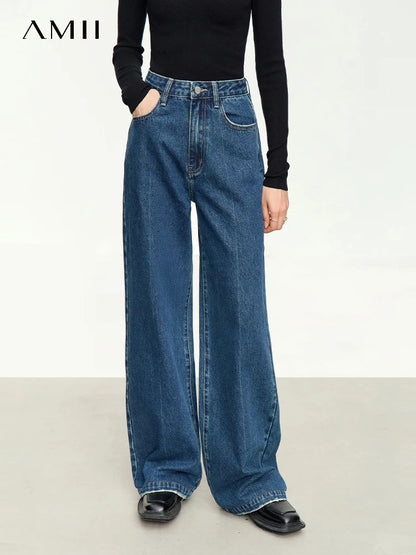 AMII Minimalism Hong Kong Style Women's Jeans 2023 Autumn New Retro Wide Leg Pants Washed Cotton Straight Trousers 12343162