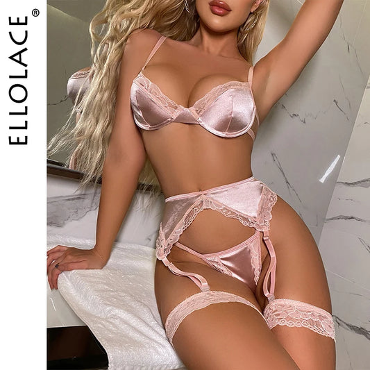 Ellolace Wetlook Lingerie dentelle Patchwork sous-vêtements fantaisie femmes non censuré soutien-gorge Push Up érotique intime 4 pièces jarretière ensemble