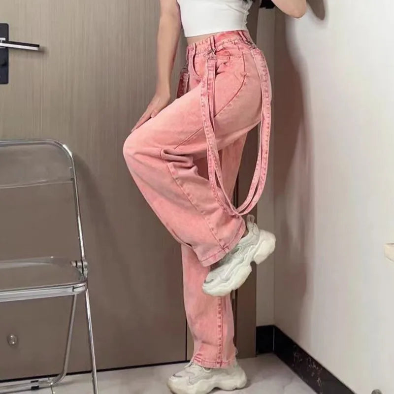 Pink Baggy Cargo Pants Y2K Women High Waist Wide Leg Jeans Hip Hop Vintage Straight Denim Trousers Harajuku Oversized Overalls