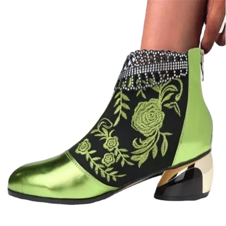 New Ankle Boots Women's Shoes Leather Boots Embroidery Ethnic Bohemia Zipper Spring Autumn Ladies Botas Botas De Mujer2021