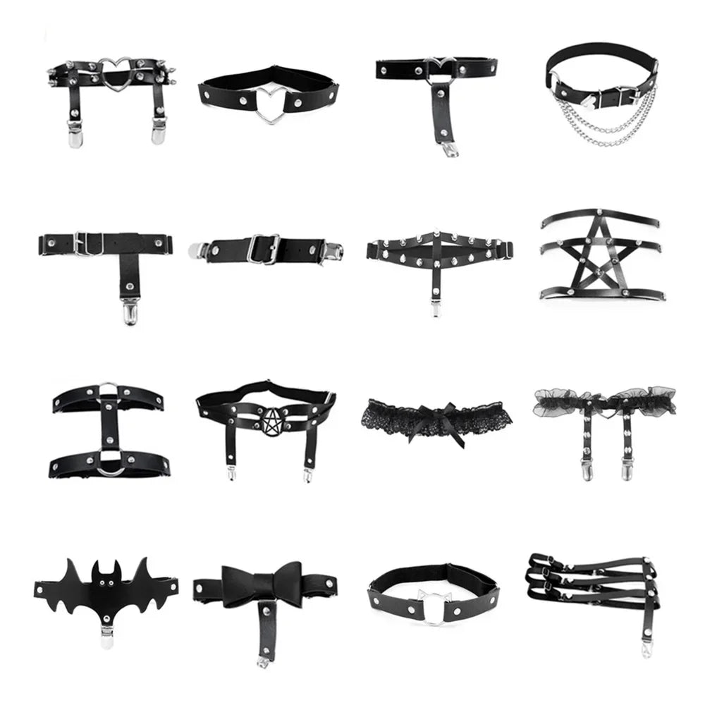 Rock Sexy Leather Love Garter Belt Elastic Leg Girl Women Harness Goth Accessories Black Gothic Rivet Punk Anklet Thigh Garter