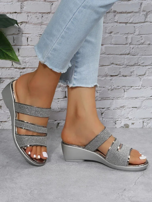 Women Wedges Slippers Bling Flats Flip Flops 2022 New Summer Sandals Autumn Shoes Rome Ladies Shoes Slingback Causal Slides Fad