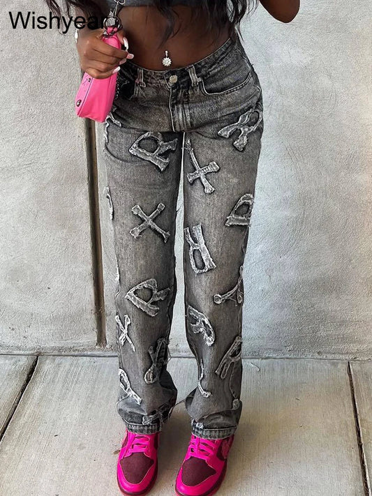 High Waist Letter Ripped Jeans Fashion Women Winter Straight Trousers Denim Baggy Pants Spring Ladies Y2K Streetwear Wholesale