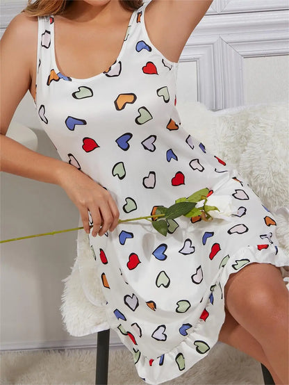 Summer Sexy Sleepwear Women Cotton Night Dress Heart Shaped Printing Nighties Nightgown Loose Nightdress Nightwear Homewear