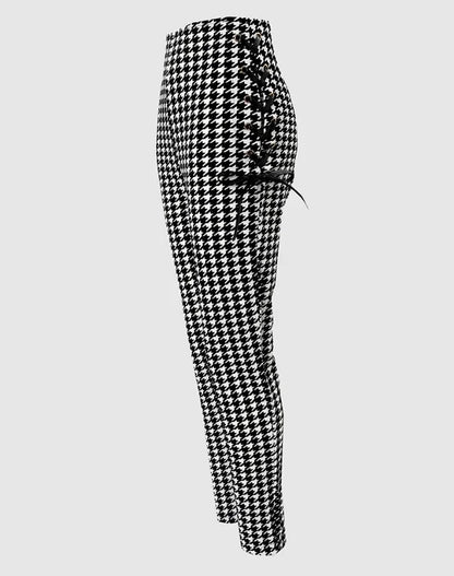 Houndstooth Print High Waist Eyelet Lace-up Skinny Pants