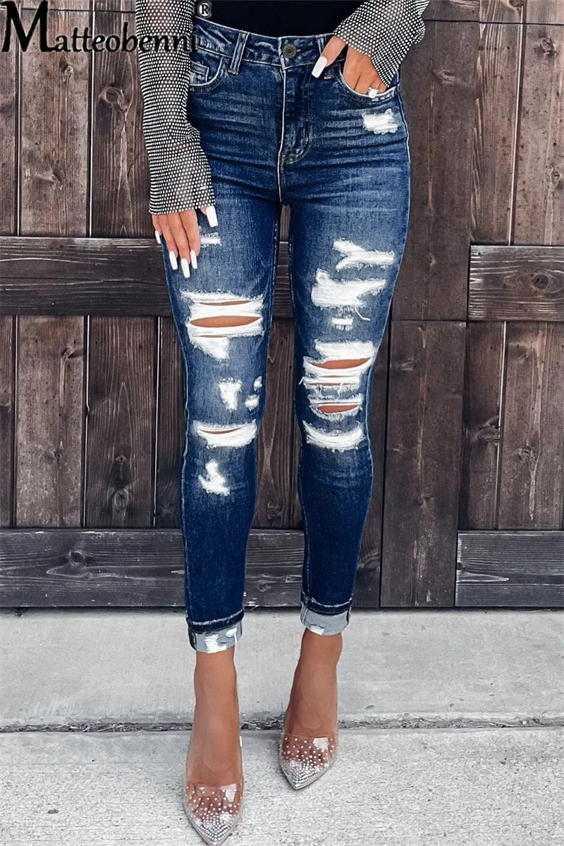 Women's Slim Fit Broken Holes Jeans Skinny Streetwear Vintage High Waist Tight Pencil Pants Ladies Casual Autumn Basic Trousers