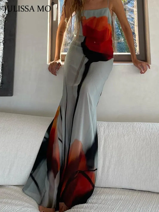 JULISSA MO – Robe Maxi transparente, imprimé Floral, bretelles Spaghetti, Sexy, dos nu, Chic, transparente, pour la plage, vacances, été, 2023