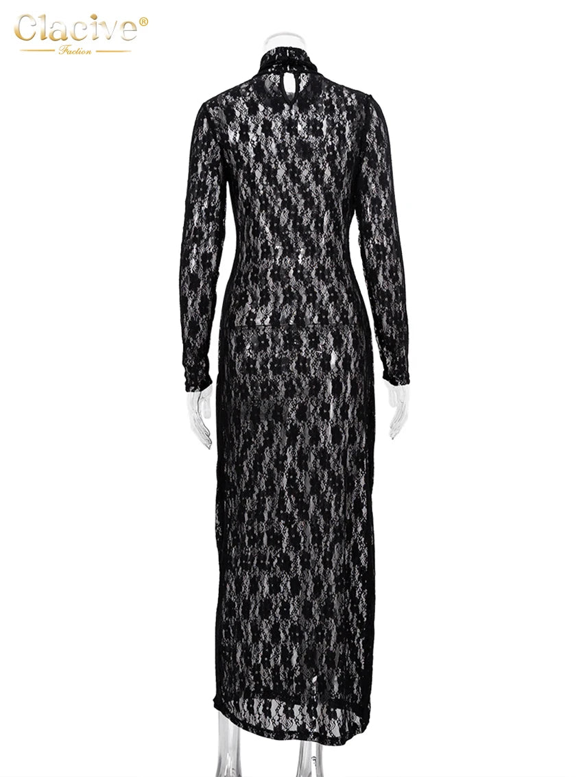 Clacive Sexy See Through Black Womens Dress Bodycon Turtleneck Long Sleeve Maxi Dress Female Fashion Slim Party Club Dresses