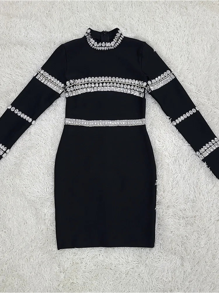 Fashion Elegant High Quality Sexy Turtleneck Beading Long Sleeve Black Mini Bandage Dress Birthday Evening Cocktail Party Club