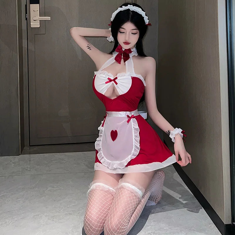 Uniforme de Cosplay de demoiselle japonaise, Costume de Lingerie Sexy pour femmes, tablier français, bandeau fantaisie en dentelle, anneau de jambe, ensemble de robe à la taille