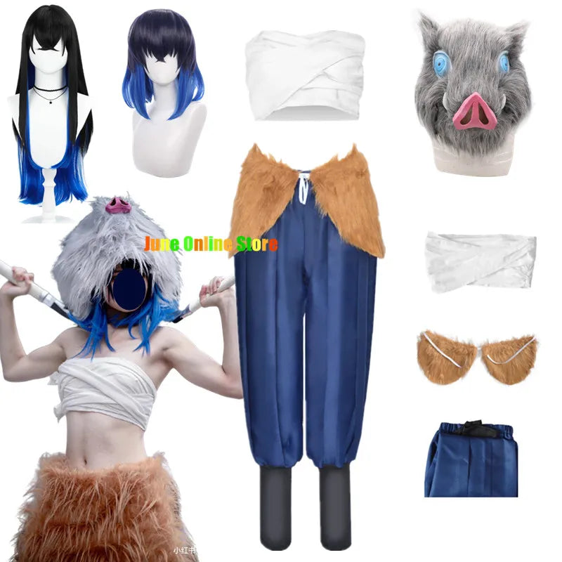 Costume de Cosplay Anime Hashibira Inosuke, uniforme Inosuke, perruque, masque de cochon, tenue d'halloween pour femmes