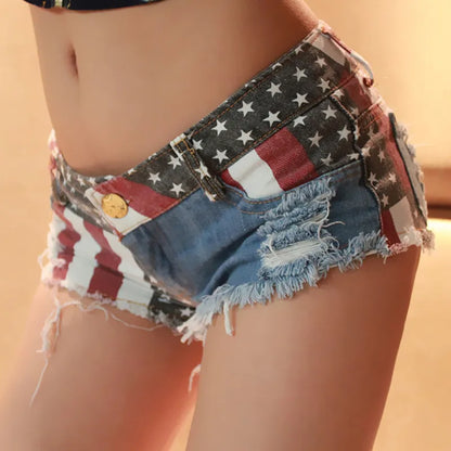 Summer Women Sexy Low Waist Rise Hot Pants American Flag Print Ripped Denim Shorts Jeans Fashion Mini Beach Clubwear Booty