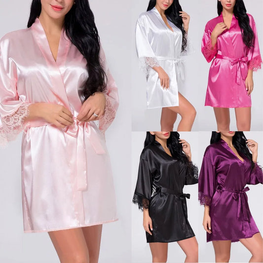 Women Sexy Lingerie Satin Robes Lace Nightdress Silk Bridesmaid Robes Nightdress Lady Kimono Bathrobe Gown Negligee