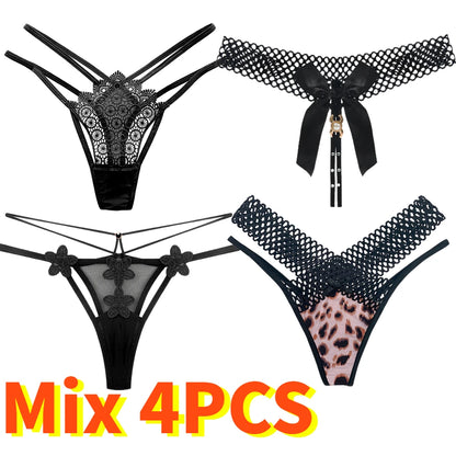 Mélange de 4 pièces de lingerie noire pour femmes, Sexy, dentelle florale, tongs ajourées, culottes pour femmes, perles, string, t-back, Transparent