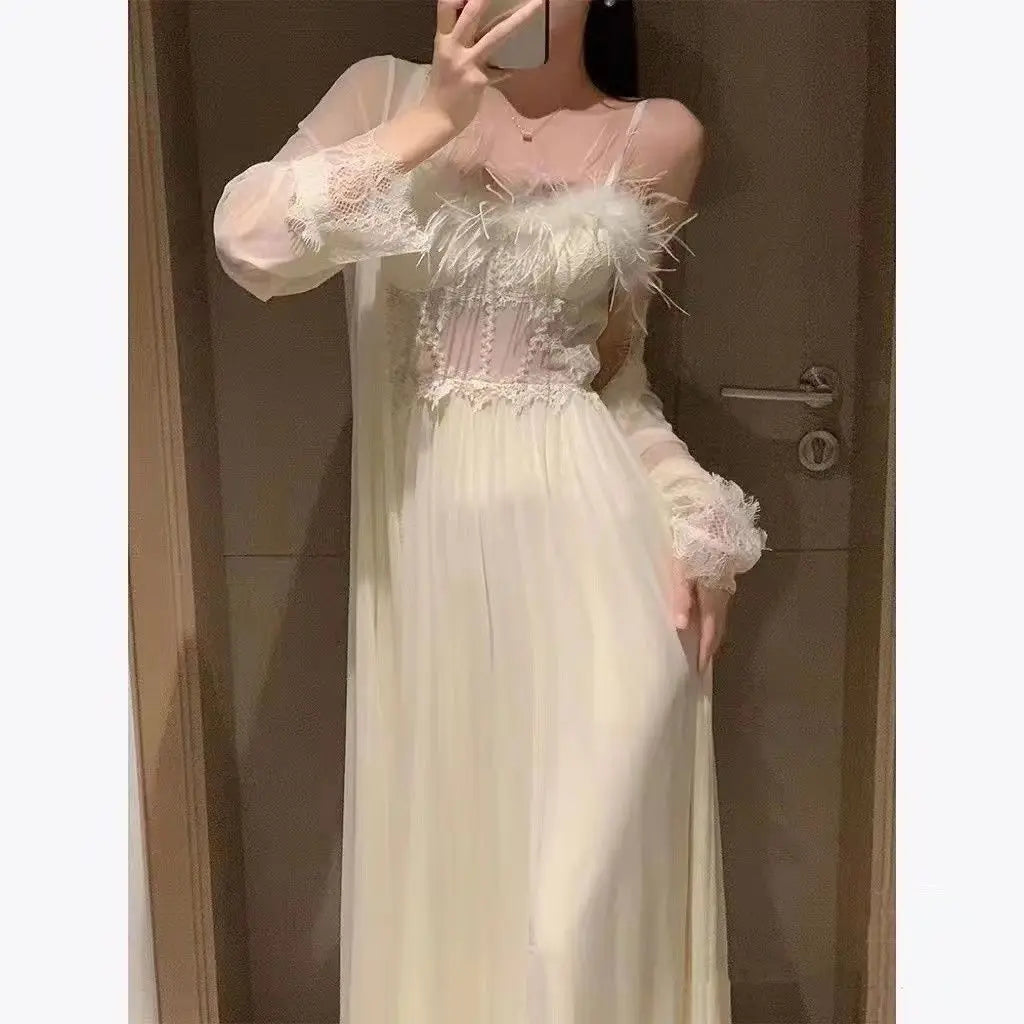 Women Solid Color Sexy 2 Pieces Gown Set Female Feather Lingerie Lace Hollow Out Nightdress Ladies Lace Trim Mesh Robe Gown Set