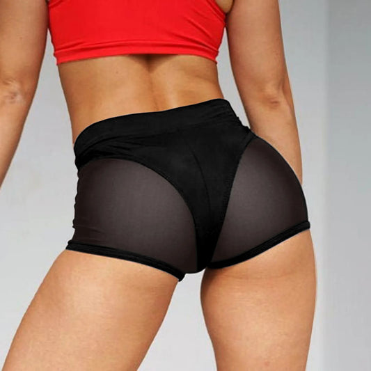 Women Sexy High Waist Workout Fitness Shorts Female Dance Shorts See-through Mesh Patchwork Mature Pole Dancing Clubwear Panties