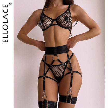 Ellolace Sensual Erotic Lingerie Fishnet Transparent Bra With Ring Sexy Outfits Garter Belt Intimate Porn Exotic Sets Uncensored