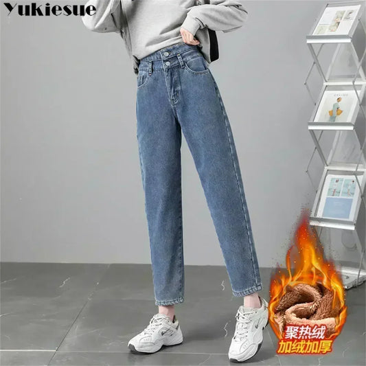 Winter new Warm Denim Haren Pants FashionHarajuku Casual Thicken Warm High Waist Pant Straight Jean Fleece vintage Women Velvet