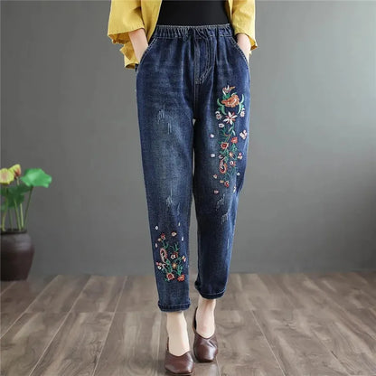 Spring Autumn Embroidery Elastic Waist Denim Jeans Female 2023 New Fashion Show Thin Cowboy Ladies Harem Pants Cropped Pants