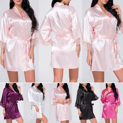 Women Sexy Lingerie Satin Robes Lace Nightdress Silk Bridesmaid Robes Nightdress Lady Kimono Bathrobe Gown Negligee