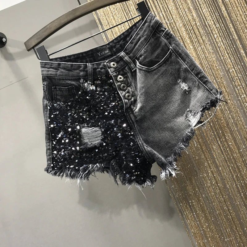 Summer Sequin Denim Shorts Women's High Waist Large Size Hole  Fashion Patchwork Shorts Girls High Street A-line Hot Pants