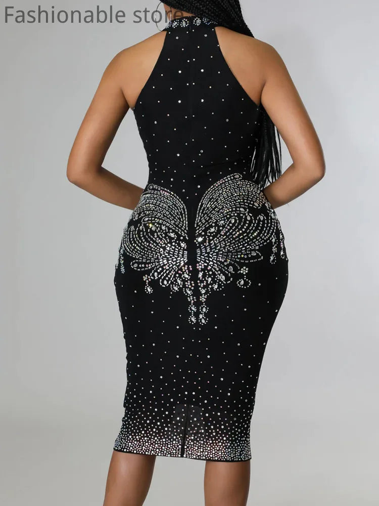 Women Sexy Halter Sleeveless Rhinestone Decor Bodycon Dress Back Zipper Slim Night Club Dresses Vestido