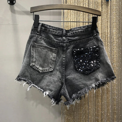 Summer Sequin Denim Shorts Women's High Waist Large Size Hole  Fashion Patchwork Shorts Girls High Street A-line Hot Pants