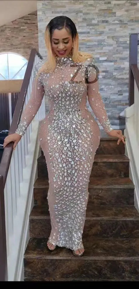 ZD Big Rhinestones Nude Transparent longth Dress Wedding Party Prom Birthday Celebration Crystals Stage Singer Host Mesh Dress