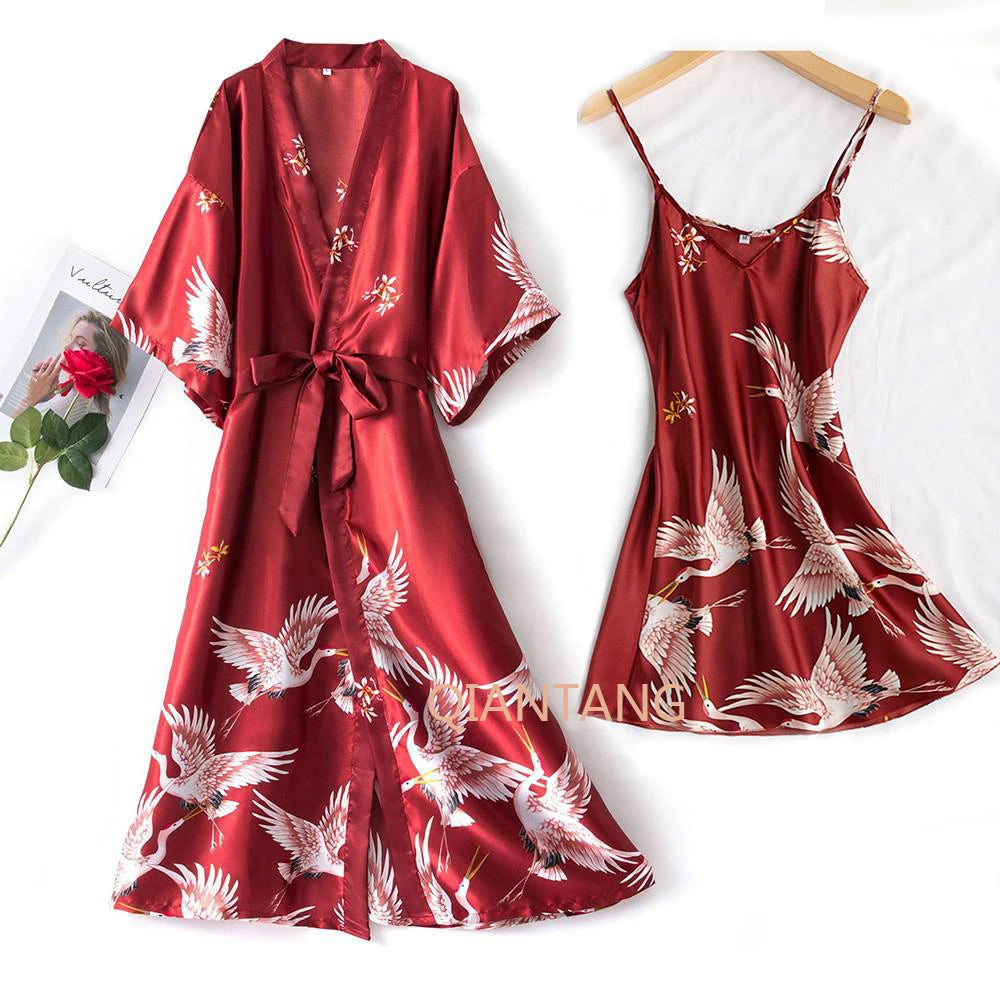 Sexy Nightwear Gown Set Women 2PC Pyjama V-Neck Pajamas Silky Sleepwear Spring Lady Sleep Suit Robe Wear Home Negligee Homewear