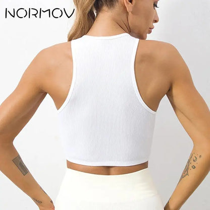 NORMOV ฟิตเนสโยคะ Bra กีฬา Crop Tops Seamless Ribbed กีฬา Bras เสื้อถัก Paddleless Top สตรี High Strength Shock Proof