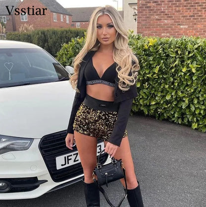 Vsstiar High Waist Mini Shorts New Fashion Sequined Glitter Clothing Sexy Skinny Party Nightclub Women Shorts