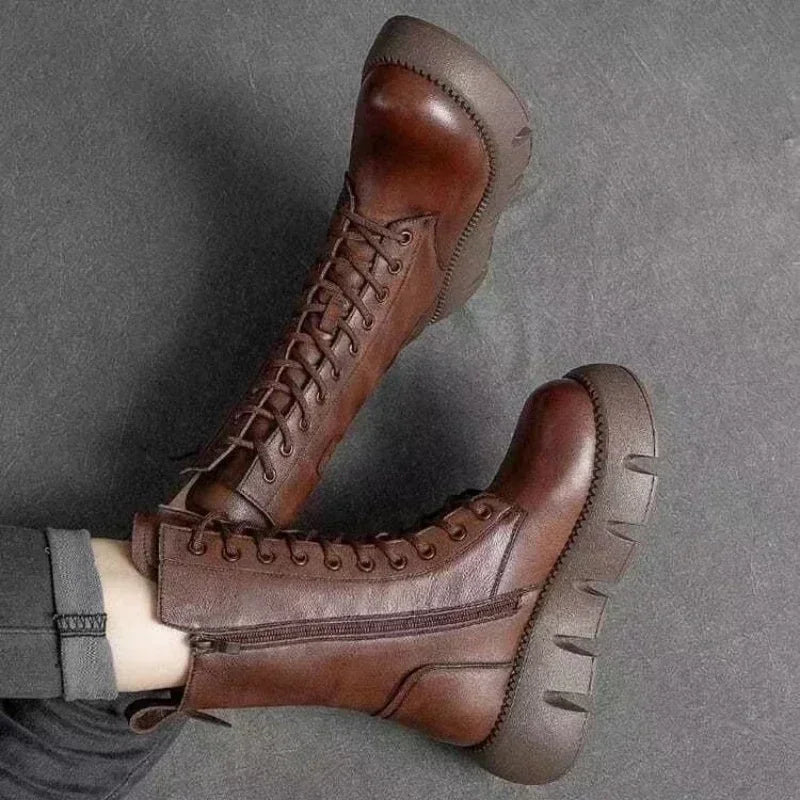 Bottes d'hiver en cuir pour femmes, bottines de neige courtes en peluche à mi-talon, à lacets, chaudes, à plateforme, de motard, 2023